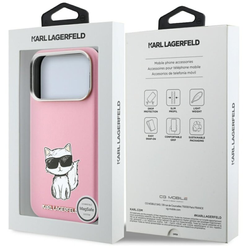 Husa iPhone 17 Pro Karl Lagerfeld Smooth Leather Choupette Sketch MagSafe, roz, KLHMP18L6PWCIKDP