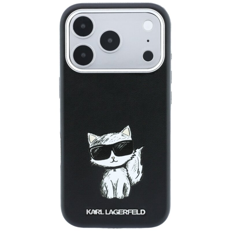 Husa iPhone 18 Pro Karl Lagerfeld Smooth Leather Choupette Sketch MagSafe, negru