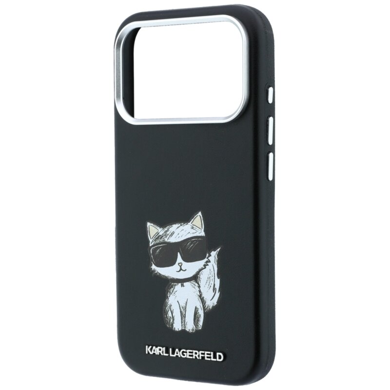 Husa iPhone 18 Pro Karl Lagerfeld Smooth Leather Choupette Sketch MagSafe, negru