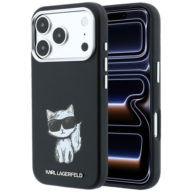 Husa iPhone 17 Pro Karl Lagerfeld Smooth Leather Choupette Sketch MagSafe, negru, KLHMP18L6PWCIKDK
