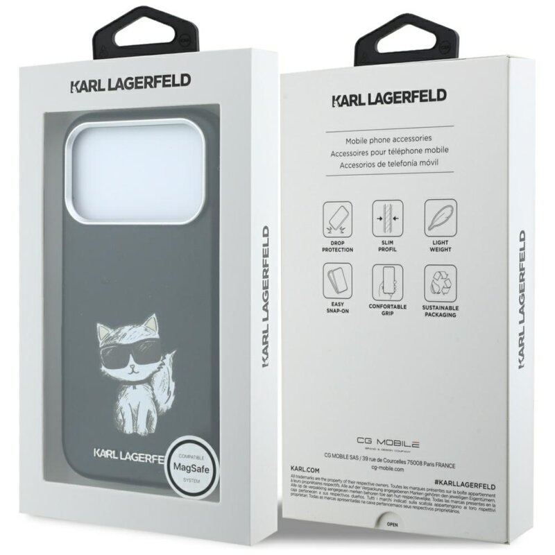 Husa iPhone 17 Pro Karl Lagerfeld Smooth Leather Choupette Sketch MagSafe, negru, KLHMP18L6PWCIKDK