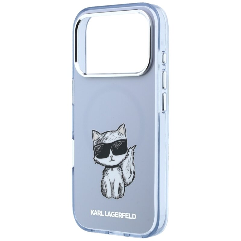 Husa iPhone 18 Pro Max Karl Lagerfeld IML Choupette Body Sketch Print MagSafe, bleu