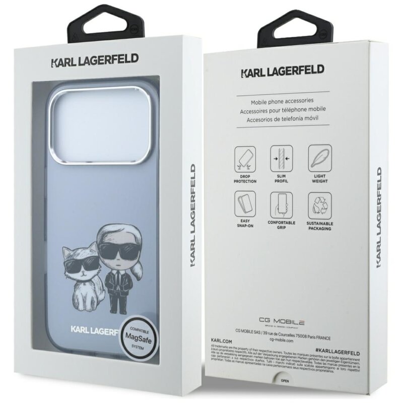 Husa iPhone 18 Pro Max Karl Lagerfeld IML KC Bodies Sketch Print MagSafe, bleu