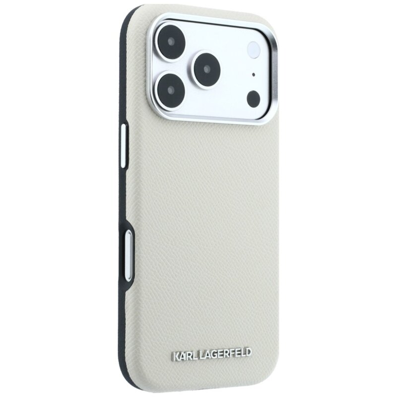 Husa iPhone 18 Pro Karl Lagerfeld Grained Leather Elongated Logo MagSafe, bej