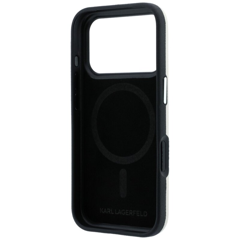Husa iPhone 18 Pro Karl Lagerfeld Grained Leather Elongated Logo MagSafe, bej