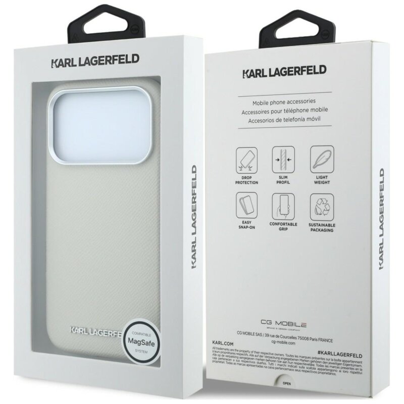Husa iPhone 18 Pro Max Karl Lagerfeld Grained Leather Elongated Logo MagSafe, bej