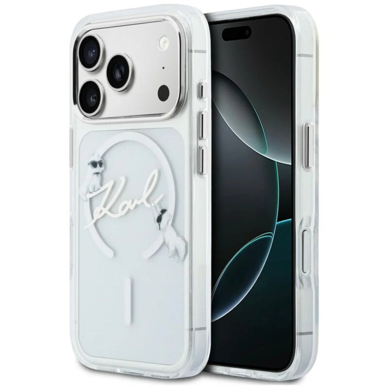 Husa iPhone 17 Pro Karl Lagerfeld IML Choupette and Karl Script Logo MagSafe, transparenta
