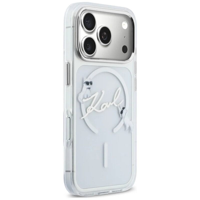 Husa iPhone 17 Pro Karl Lagerfeld IML Choupette and Karl Script Logo MagSafe, transparenta