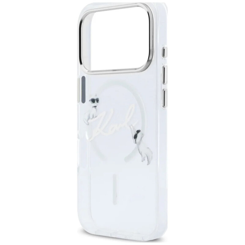 Husa iPhone 17 Pro Karl Lagerfeld IML Choupette and Karl Script Logo MagSafe, transparenta