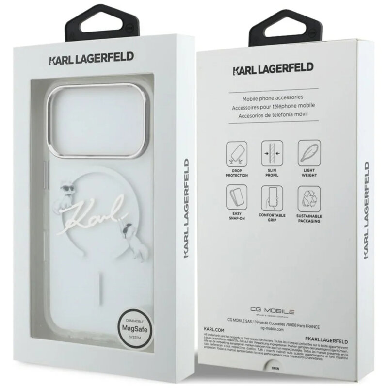 Husa iPhone 17 Pro Karl Lagerfeld IML Choupette and Karl Script Logo MagSafe, transparenta
