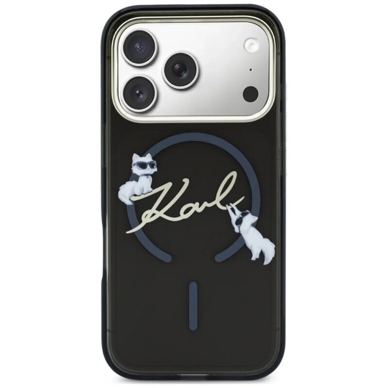 Husa iPhone 18 Pro Karl Lagerfeld IML Choupette and Karl Script Logo MagSafe, negru