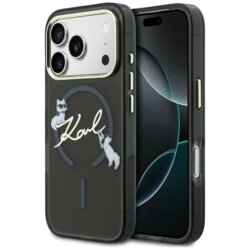Husa iPhone 17 Pro Karl Lagerfeld IML Choupette and Karl Script Logo MagSafe, negru