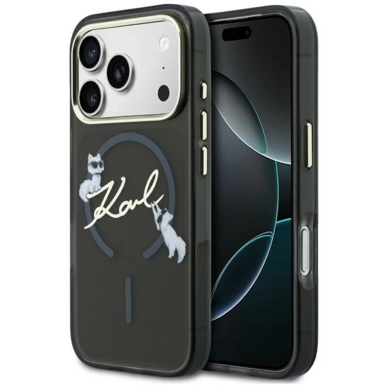 Husa iPhone 17 Pro Karl Lagerfeld IML Choupette and Karl Script Logo MagSafe, negru