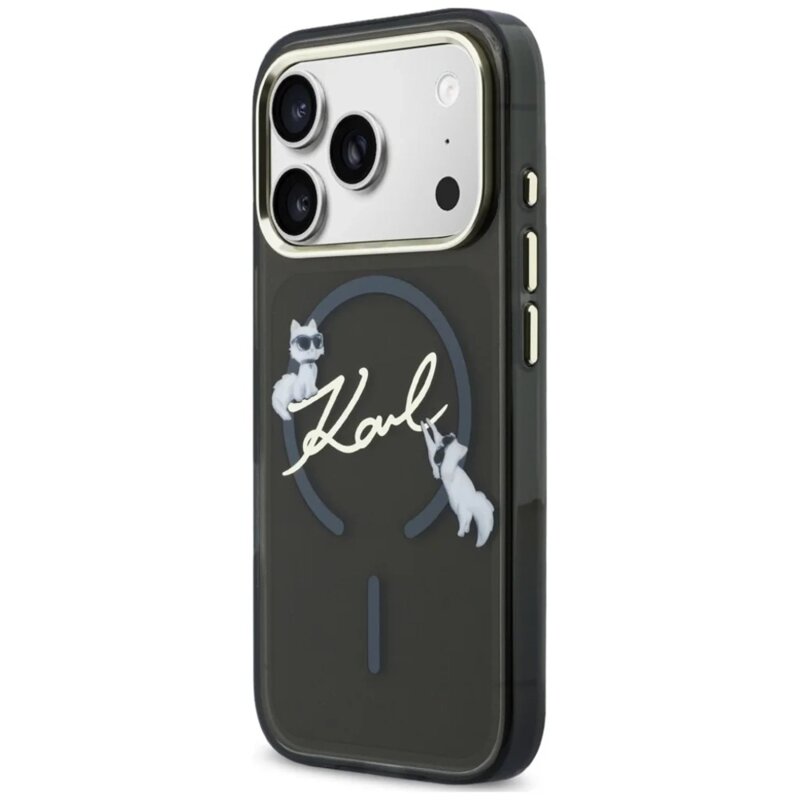 Husa iPhone 17 Pro Karl Lagerfeld IML Choupette and Karl Script Logo MagSafe, negru