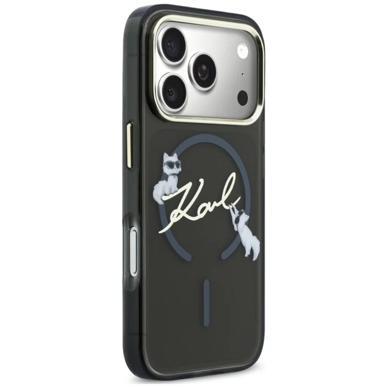 Husa iPhone 17 Pro Karl Lagerfeld IML Choupette and Karl Script Logo MagSafe, negru