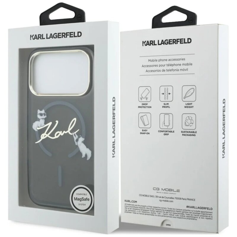 Husa iPhone 17 Pro Karl Lagerfeld IML Choupette and Karl Script Logo MagSafe, negru