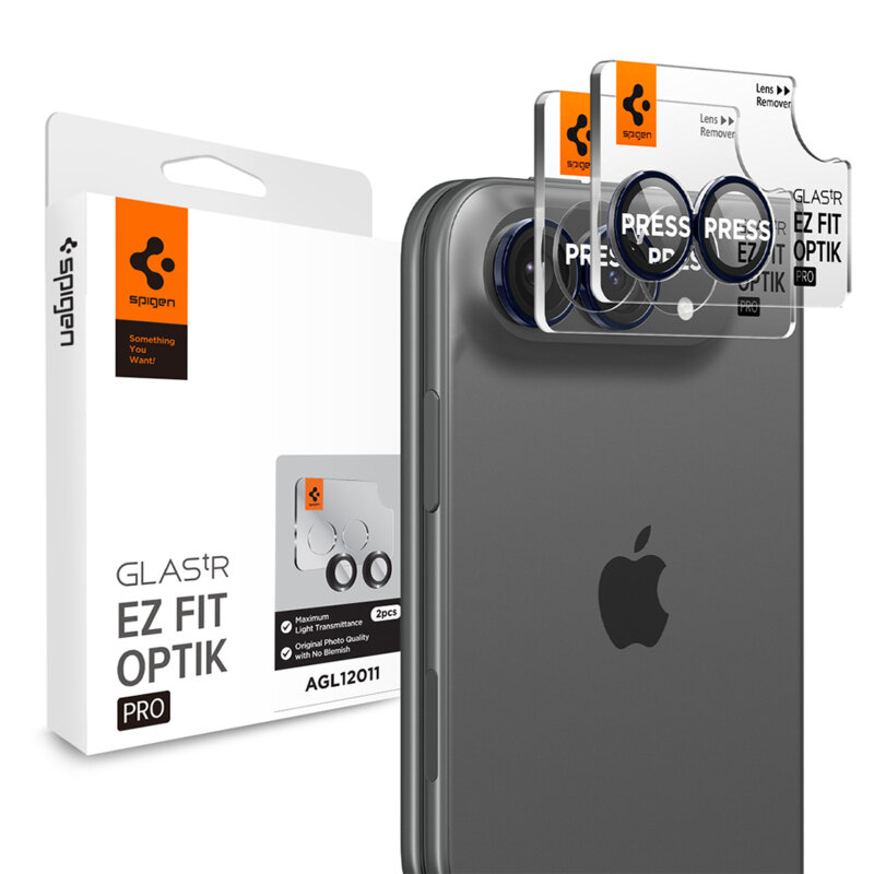 [Pachet 2x] Folie sticla camera iPhone Duo Spigen Glas.tR Optik EZ Fit Pro, negru/albastru