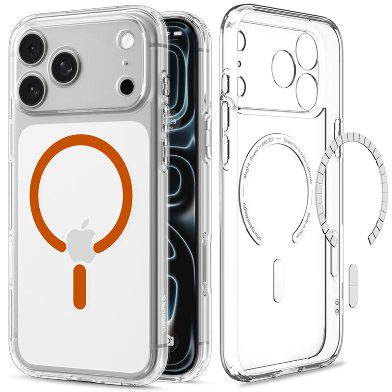 Husa iPhone 17 Pro Max Spigen Ultra Hybrid MagSafe, transparenta/portocaliu