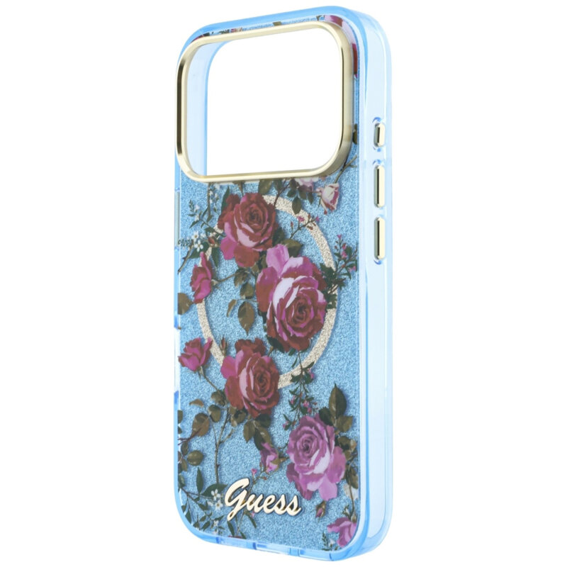Husa iPhone 18 Pro Max originala Guess IML Glitter Blossom Roses MagSafe, bleu, GUHMP18X6HTBGSLB