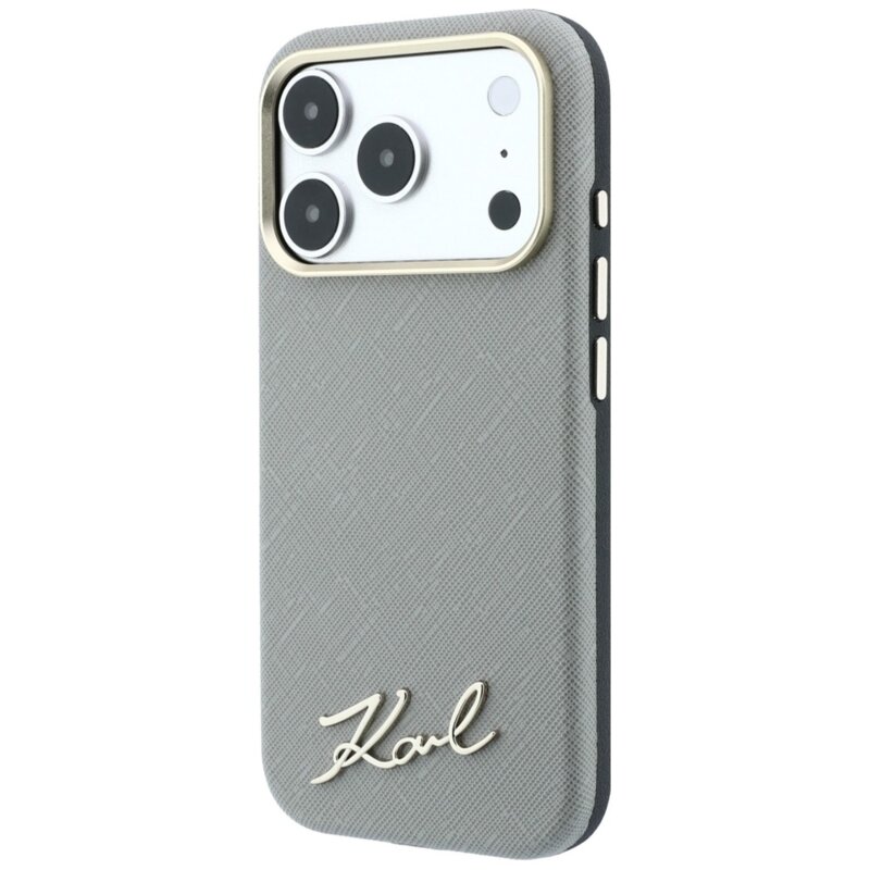 Husa originala iPhone 18 Pro Max Karl Lagerfeld Saffiano Small Script Metal Logo MagSafe, taupe, KLHMP18X6PWSKSE