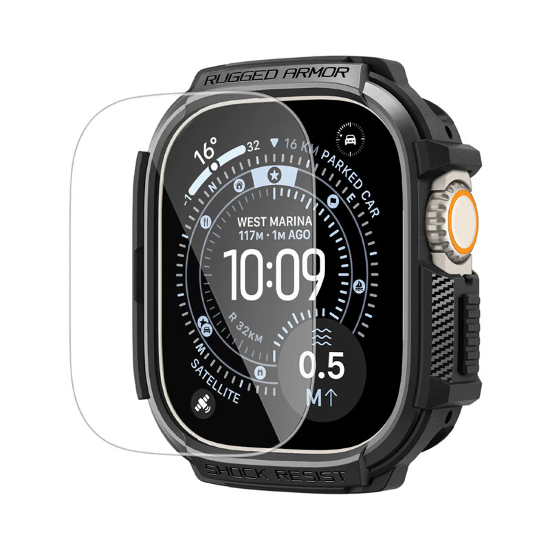[Pachet husa + folie] Husa Apple Watch Ultra 4 Spigen Rugged Armor, negru