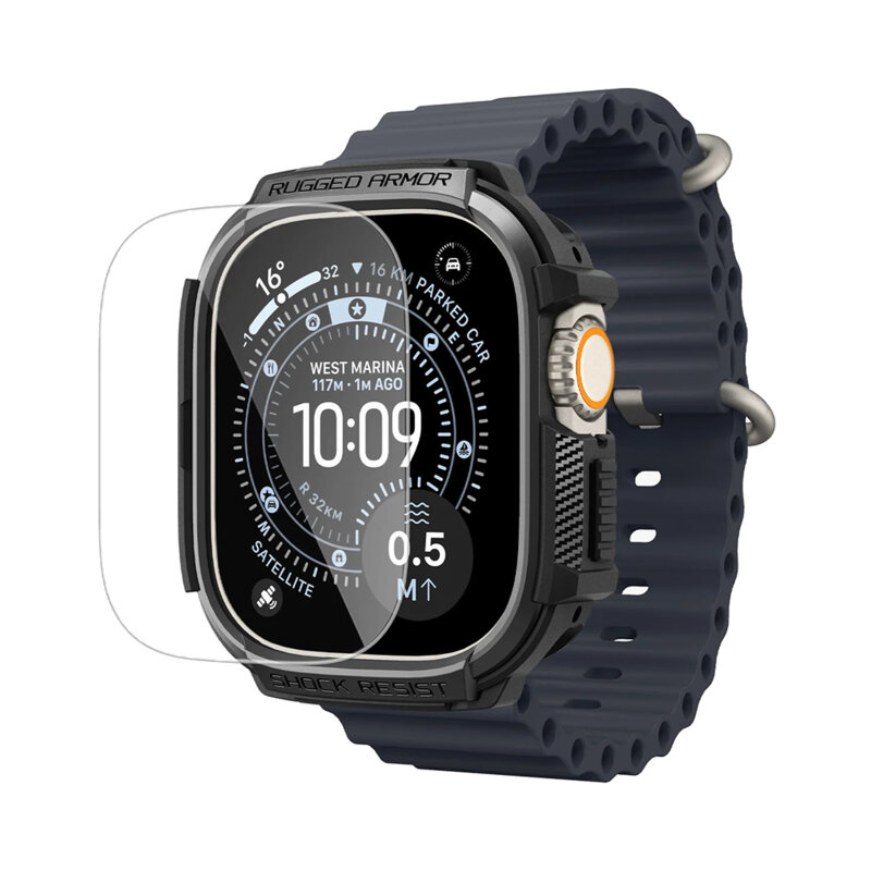[Pachet husa + folie] Husa Apple Watch Ultra 4 Spigen Rugged Armor, negru