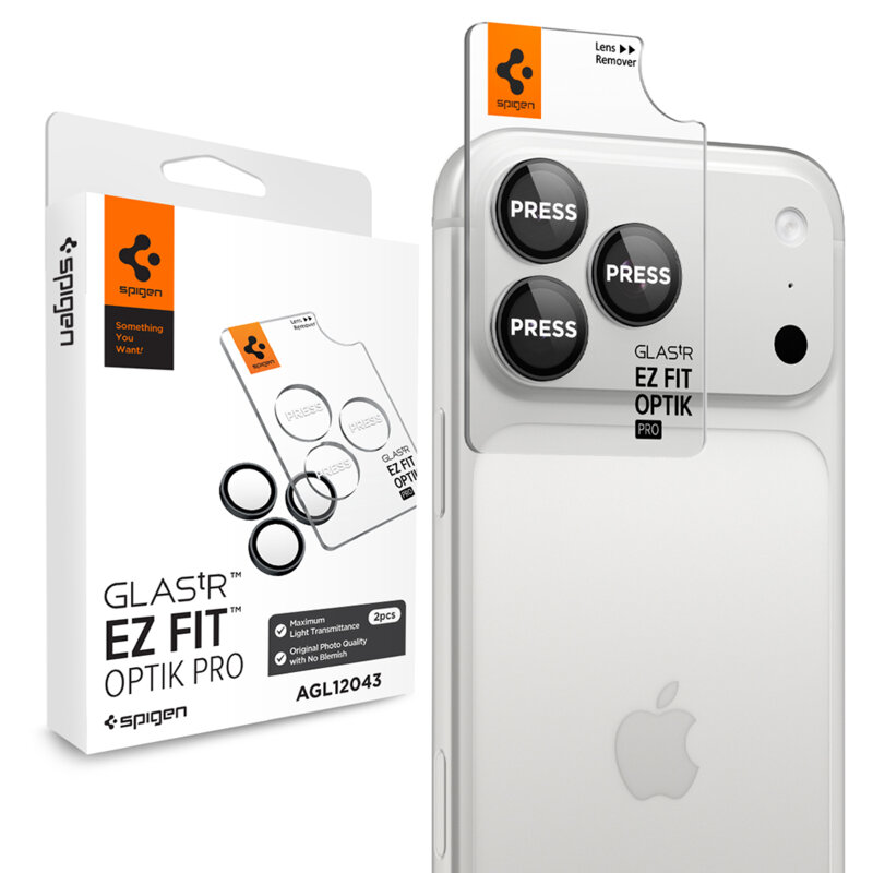 [Pachet 2x] Folie sticla camera iPhone 18 Pro Spigen Glas.tR Optik EZ Fit Pro, gri inchis