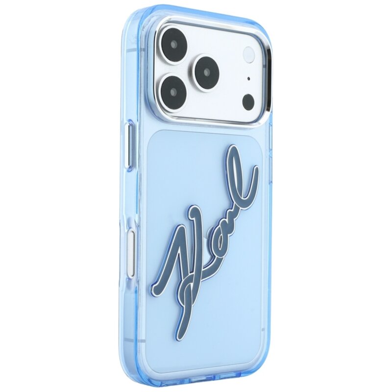 Husa iPhone 18 Pro Max Karl Lagerfeld IML Big Signature Resin Logo and Metal Frame, bleu
