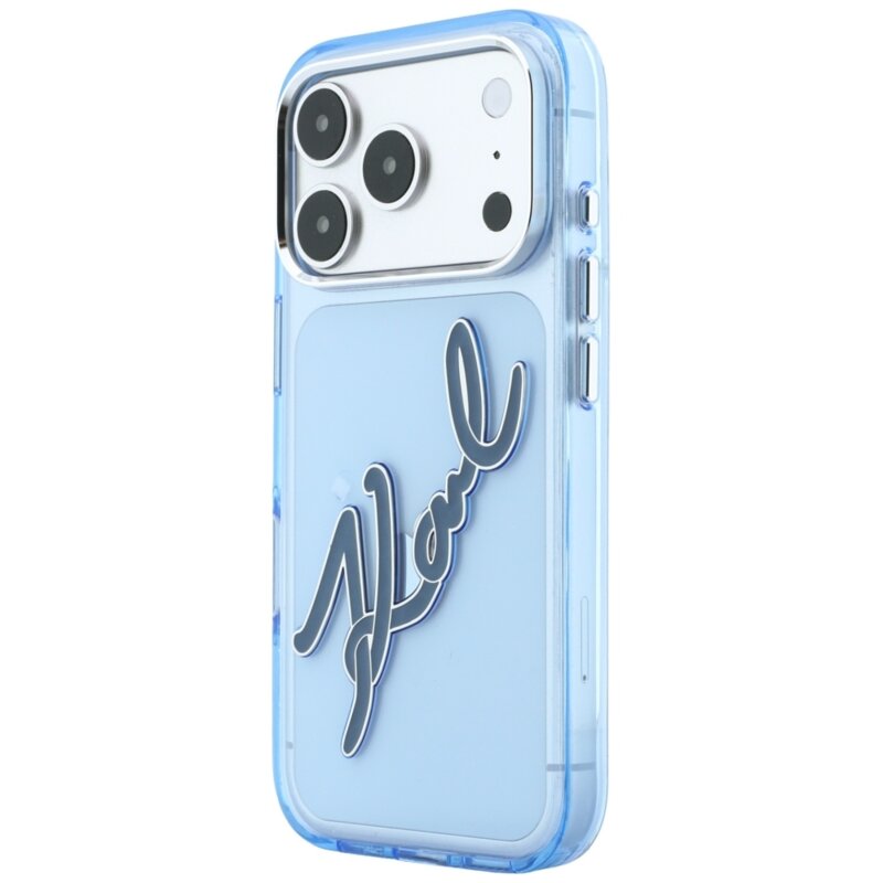 Husa iPhone 18 Pro Karl Lagerfeld IML Big Signature Resin Logo Metal Frame, bleu