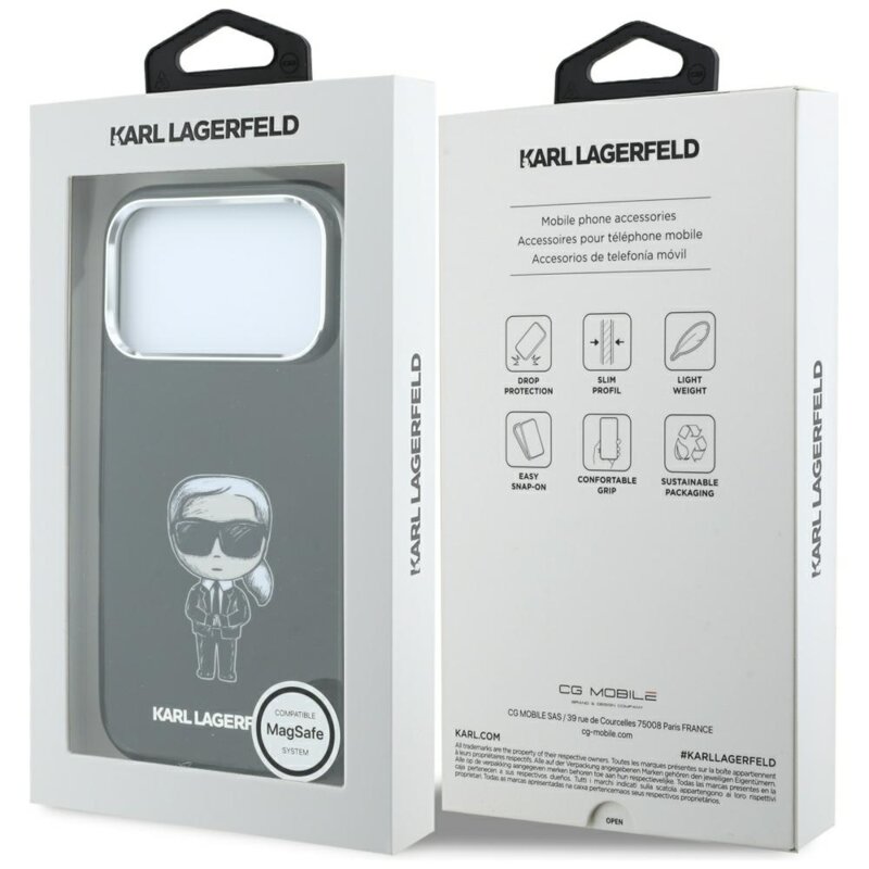 Husa iPhone 18 Pro Max Karl Lagerfeld IML Ikonik Sketch Print MagSafe, negru