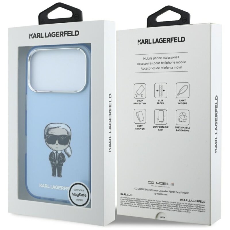 Husa iPhone 18 Pro Karl Lagerfeld IML Ikonik Sketch Print MagSafe, bleu