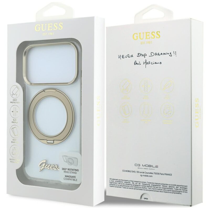Husa Guess iPhone 18 Pro Max Ring Stand Script Metal Logo MagSafe, transparenta, GUHMP18X6HCCMST