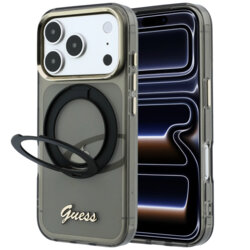 Husa Guess iPhone 17 Pro Ring Stand Script Metal Logo MagSafe, negru, GUHMP18L6HCCMSK