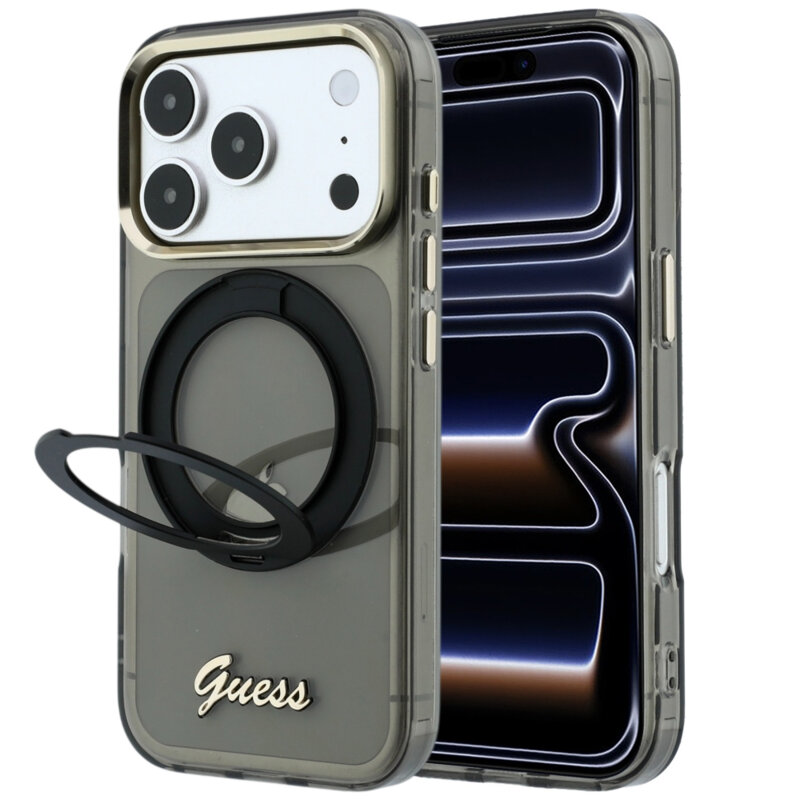 Husa Guess iPhone 17 Pro Ring Stand Script Metal Logo MagSafe, negru, GUHMP18L6HCCMSK