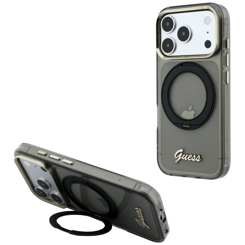 Husa Guess iPhone 17 Pro Ring Stand Script Metal Logo MagSafe, negru, GUHMP18L6HCCMSK
