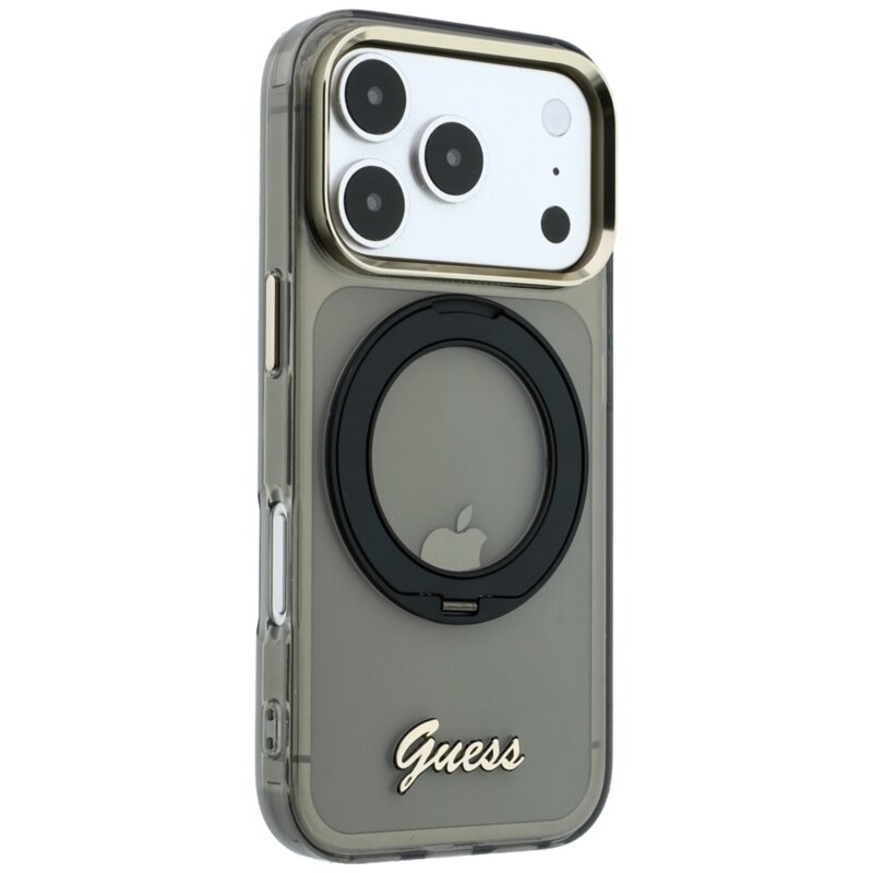 Husa Guess iPhone 17 Pro Ring Stand Script Metal Logo MagSafe, negru, GUHMP18L6HCCMSK