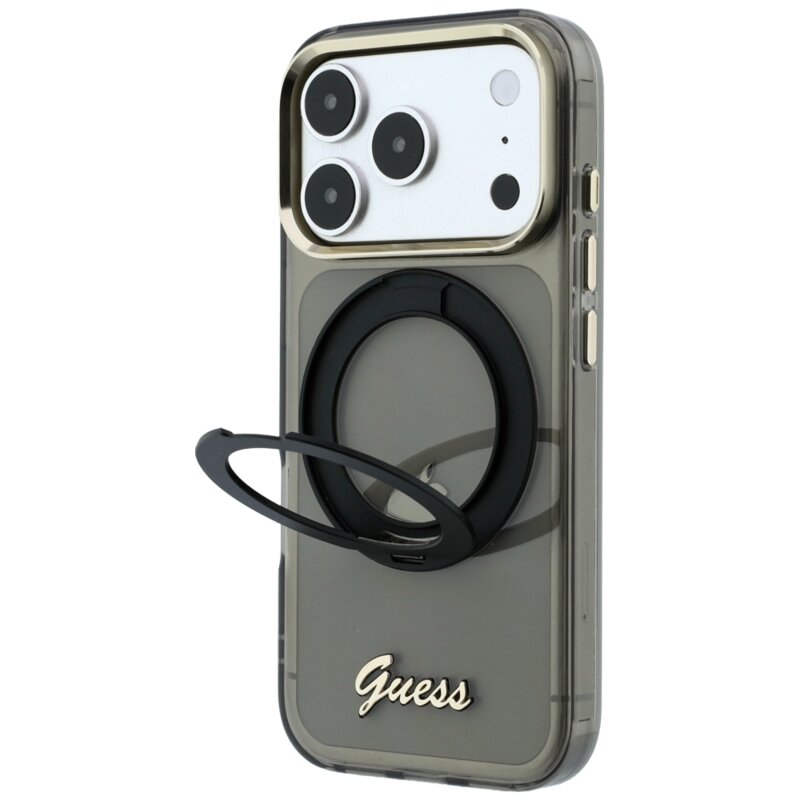 Husa Guess iPhone 17 Pro Ring Stand Script Metal Logo MagSafe, negru, GUHMP18L6HCCMSK