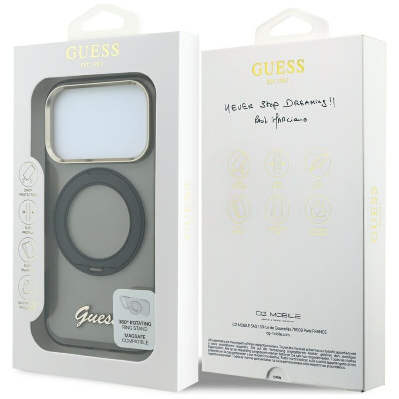 Husa Guess iPhone 17 Pro Ring Stand Script Metal Logo MagSafe, negru, GUHMP18L6HCCMSK