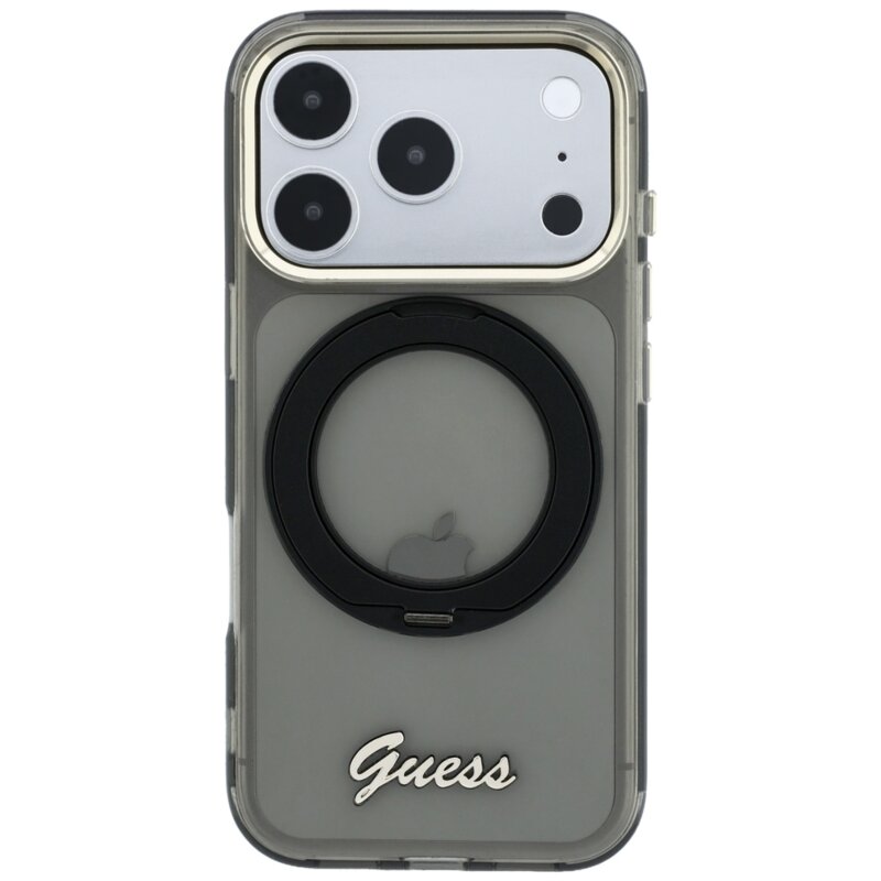 Husa Guess iPhone 18 Pro Max Ring Stand Script Metal Logo MagSafe, negru, GUHMP18X6HCCMSK