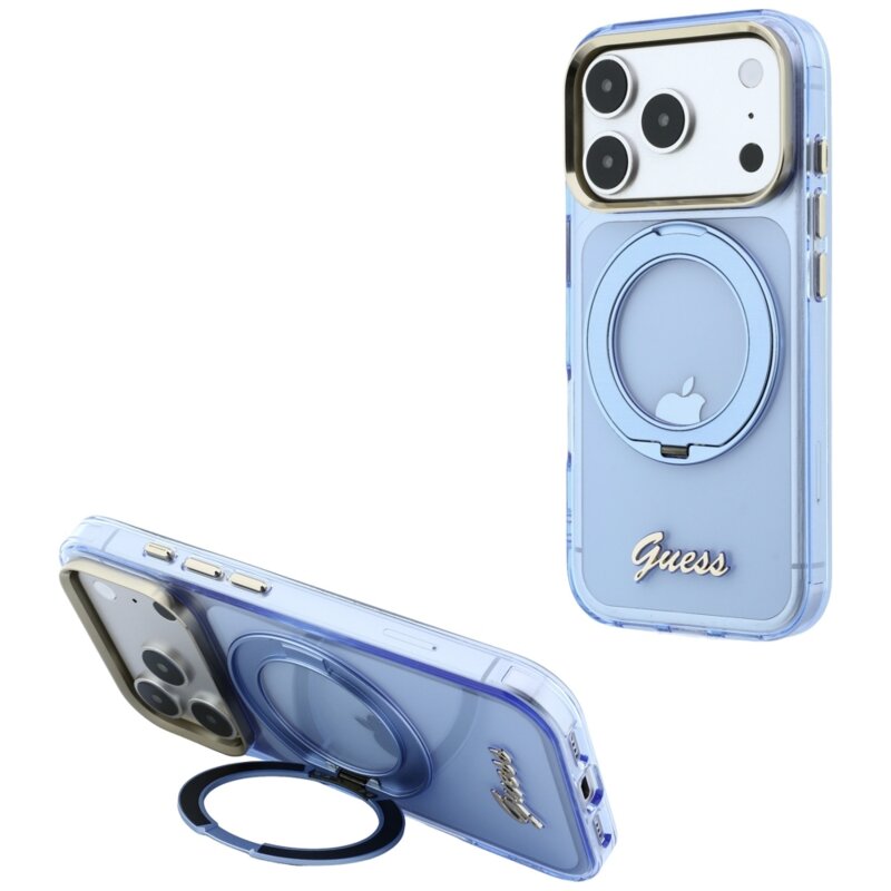 Husa Guess iPhone 18 Pro Max Ring Stand Script Metal Logo MagSafe, bleu, GUHMP18X6HCCMSB