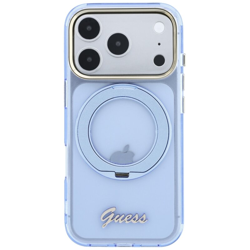 Husa Guess iPhone 18 Pro Max Ring Stand Script Metal Logo MagSafe, bleu, GUHMP18X6HCCMSB