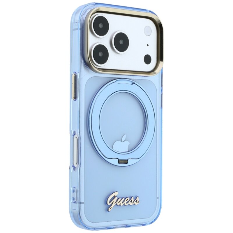 Husa Guess iPhone 18 Pro Max Ring Stand Script Metal Logo MagSafe, bleu, GUHMP18X6HCCMSB