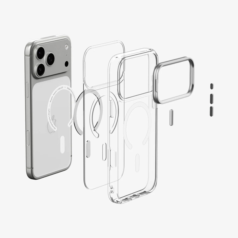 Husa iPhone 17 Pro Spigen Ultra Hybrid Optik S MagSafe, transparenta/argintiu