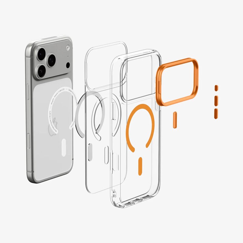 Husa iPhone 18 Pro Max Spigen Ultra Hybrid Optik S MagSafe, transparenta/portocaliu