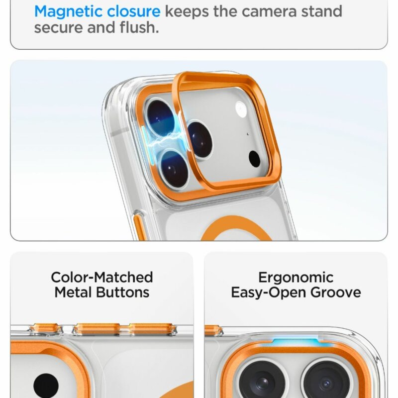 Husa iPhone 18 Pro Max Spigen Ultra Hybrid Optik S MagSafe, transparenta/portocaliu