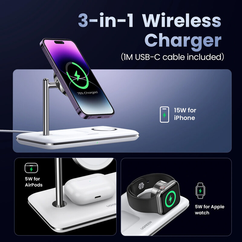 Statie incarcare wireless 3in1 25W, Ugreen, Qi2, alb, 90326