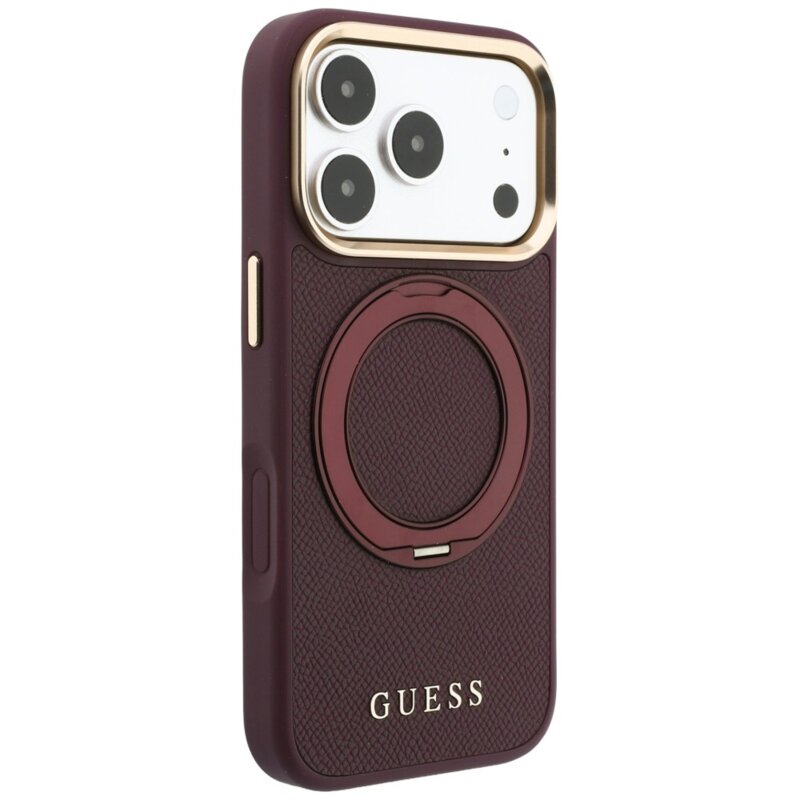 Husa iPhone 18 Pro Max Guess Grained Leather Ring Stand 360 Classic MagSafe, bordo, GUHMP18X6PSGRSCLU