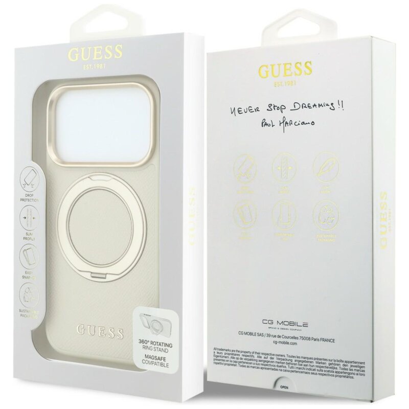 Husa iPhone 18 Pro Max Guess Grained Leather Ring Stand 360 Classic MagSafe, bej, GUHMP18X6PSGRSCLE