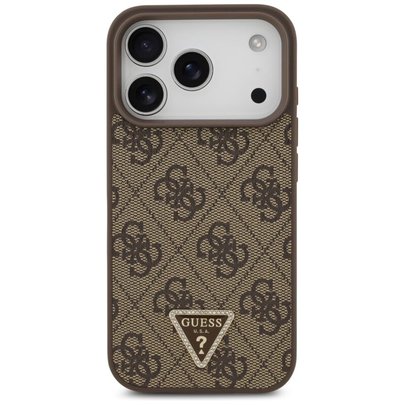 Husa iPhone 18 Pro Guess Leather 4G Triangle Strass MagSafe, maro, GUHMP18LP4TDPW