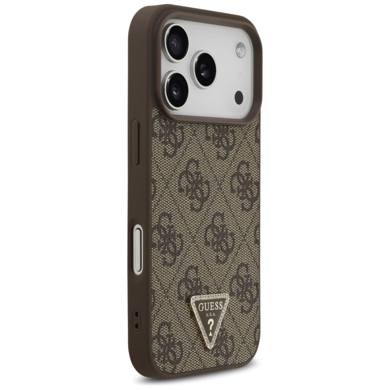Husa iPhone 18 Pro Guess Leather 4G Triangle Strass MagSafe, maro, GUHMP18LP4TDPW